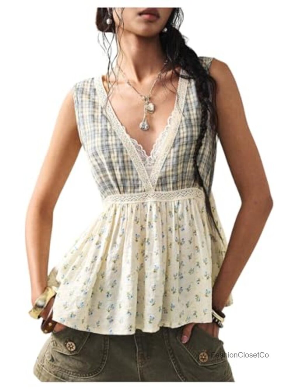 Women's Sleeveless V-Neck Peplum Top Floral Plaid Lace Up Ruffle Hem
